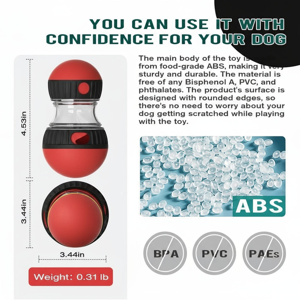 Product packaging with a red and black toy, dimensions, and material information on a white background.