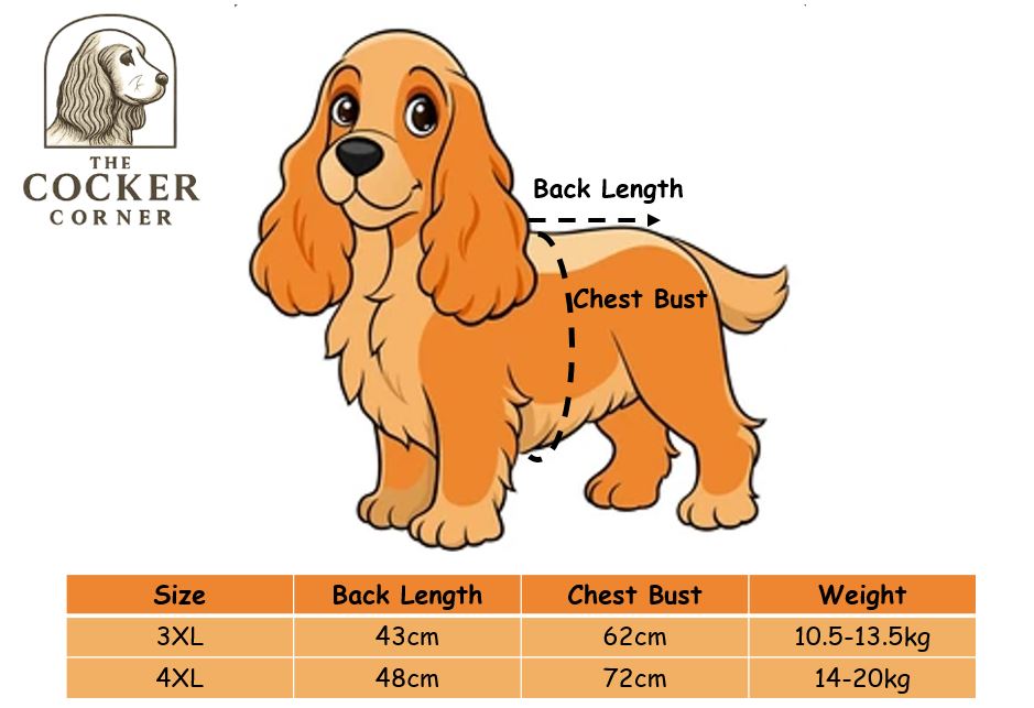 Illustration of a dog with measurement points and a size chart for dog coats.