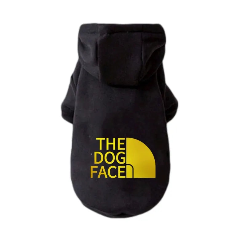 black & gold dog hoodie with The Dog Face logo