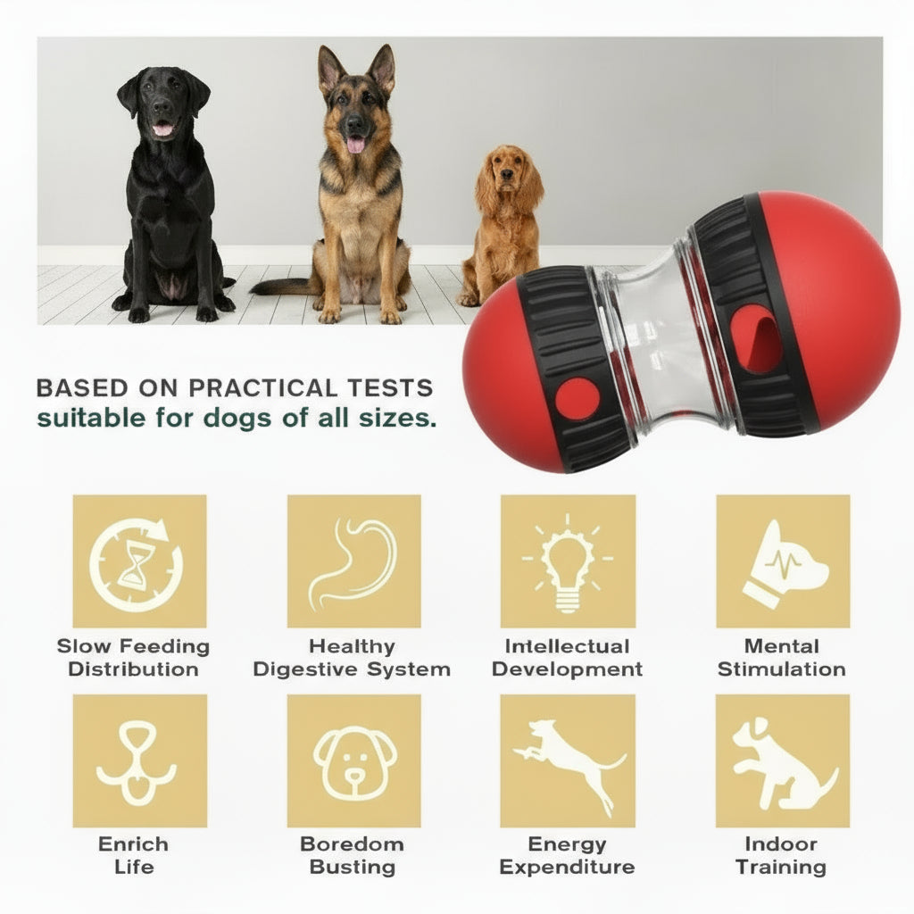 Dog toy with benefits listed for dogs of all sizes on a white background