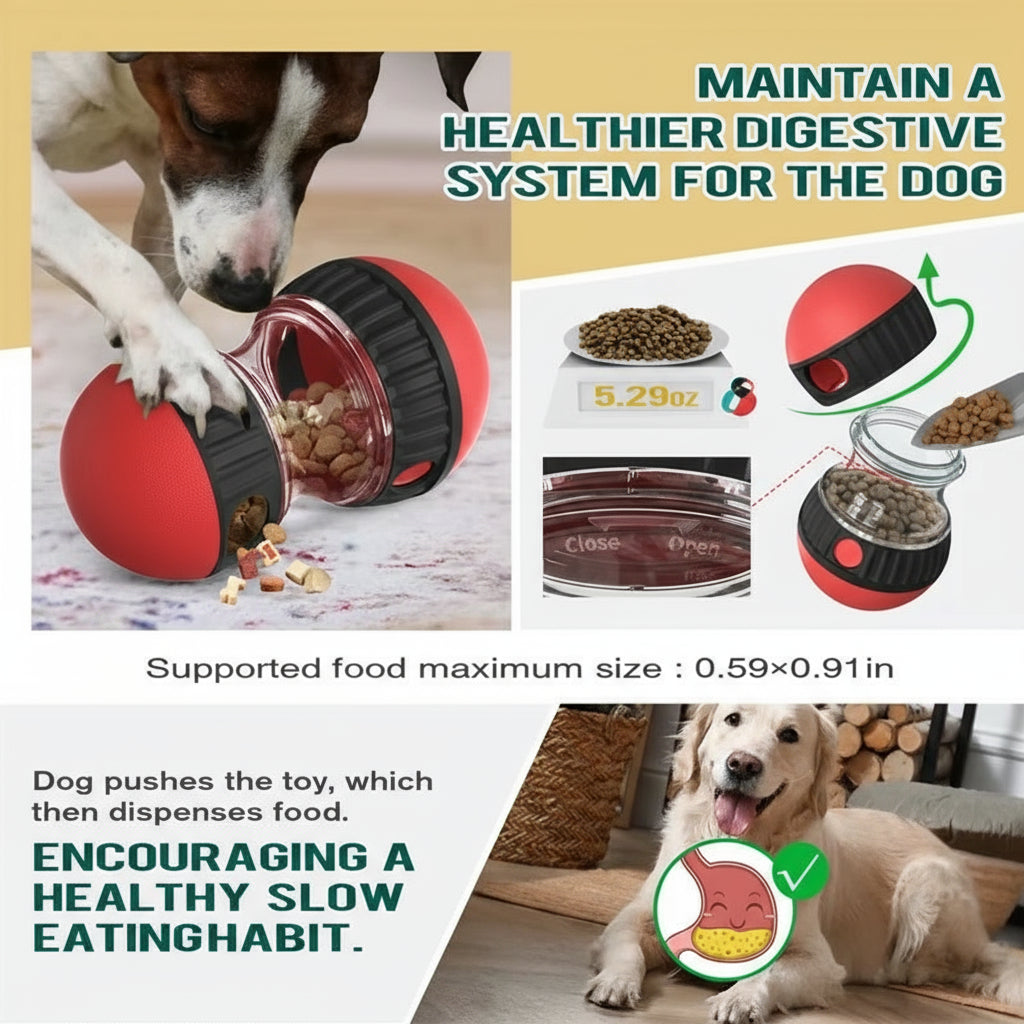 Dog toy with food dispenser and promotional text about maintaining a healthier digestive system for dogs.
