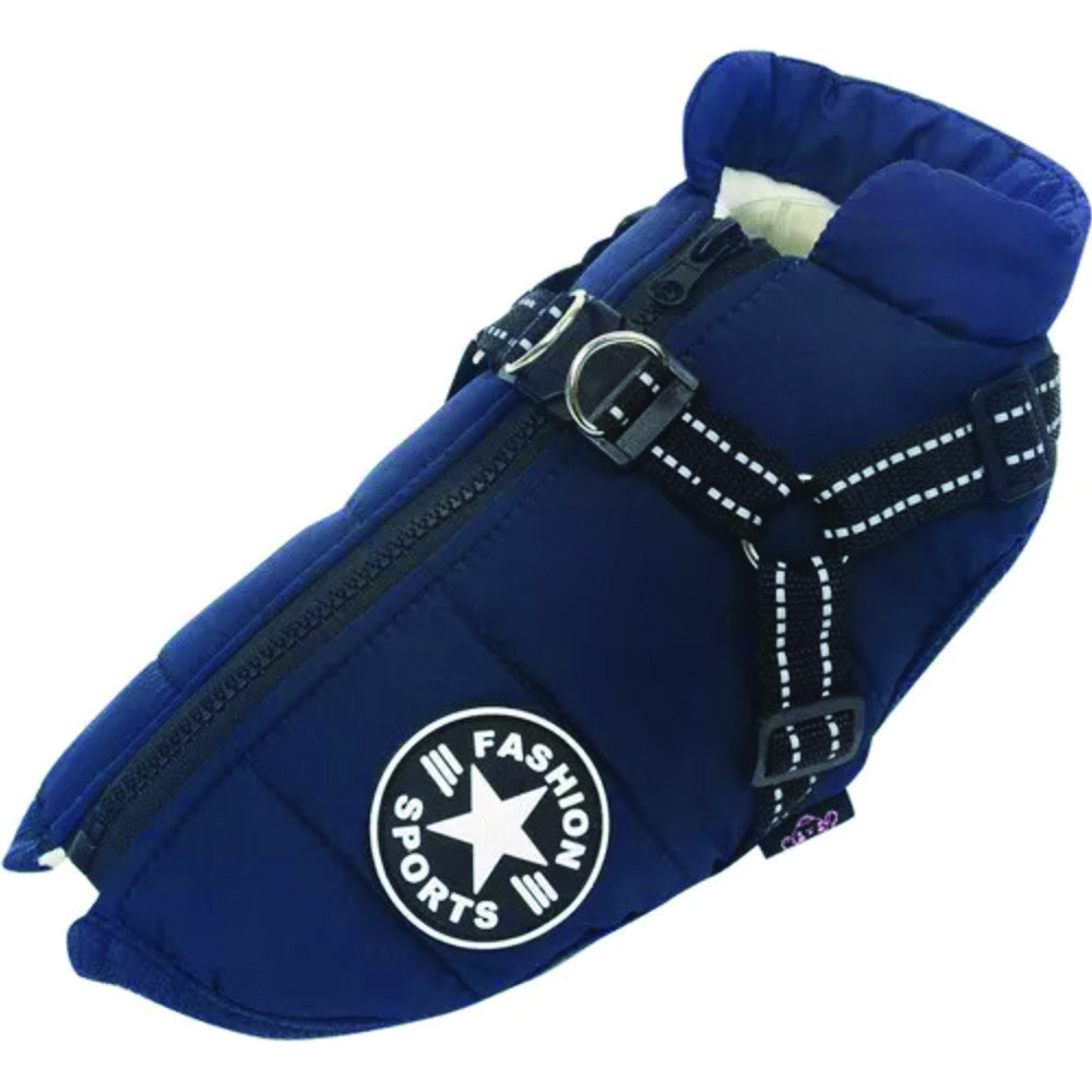 blue dog jacket with reflective integrated harness
