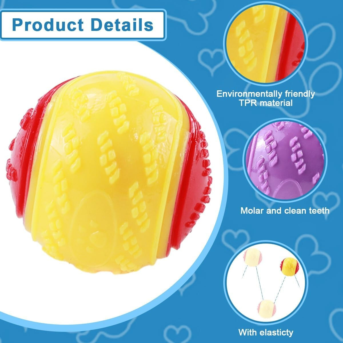 Yellow and red dog chew toy with text on an blue background