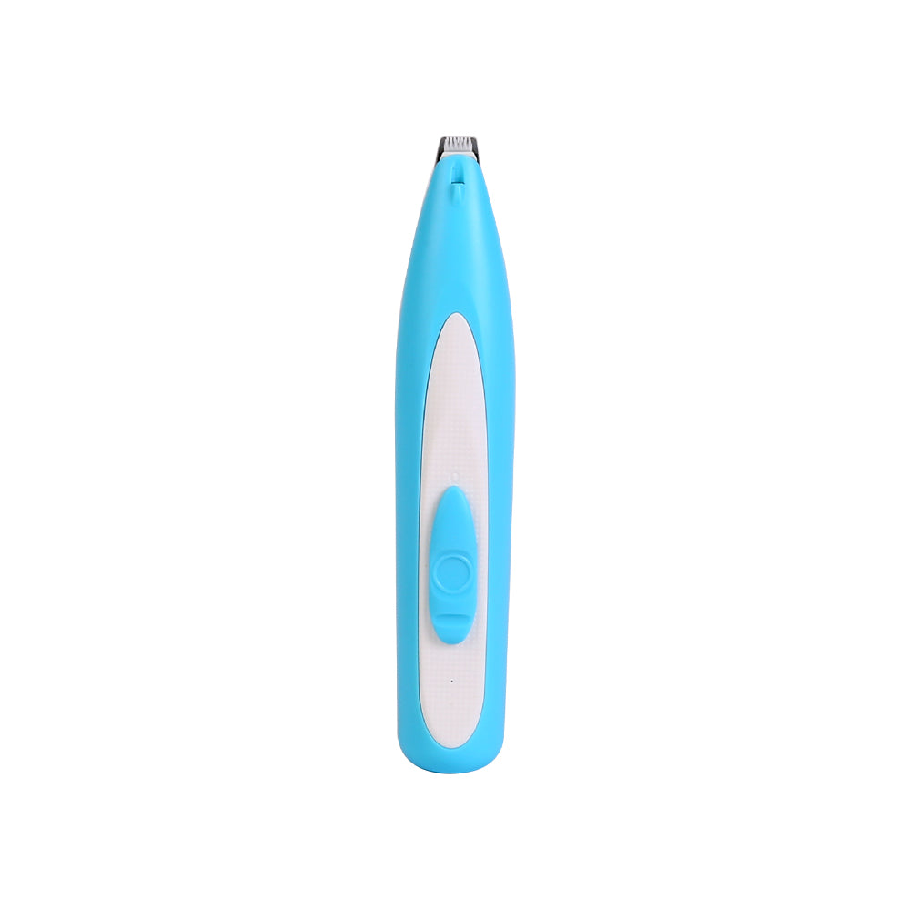 Blue and white electronic pet hair trimmer on a white background