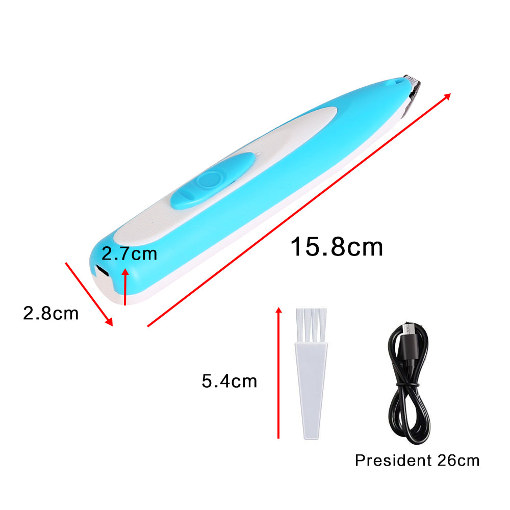 Measurement chart of a blue and white electronic device with labeled dimensions and accessories.