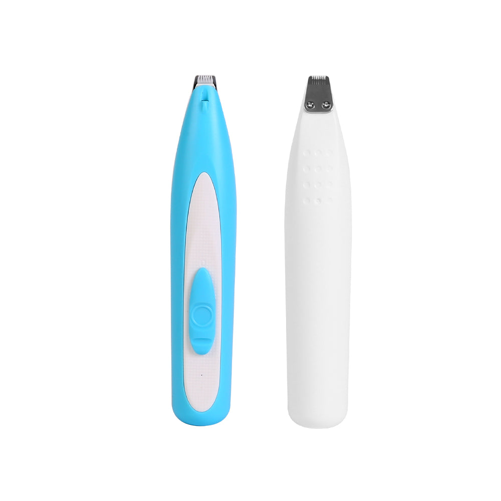 Blue and white electric trimmer on a white background