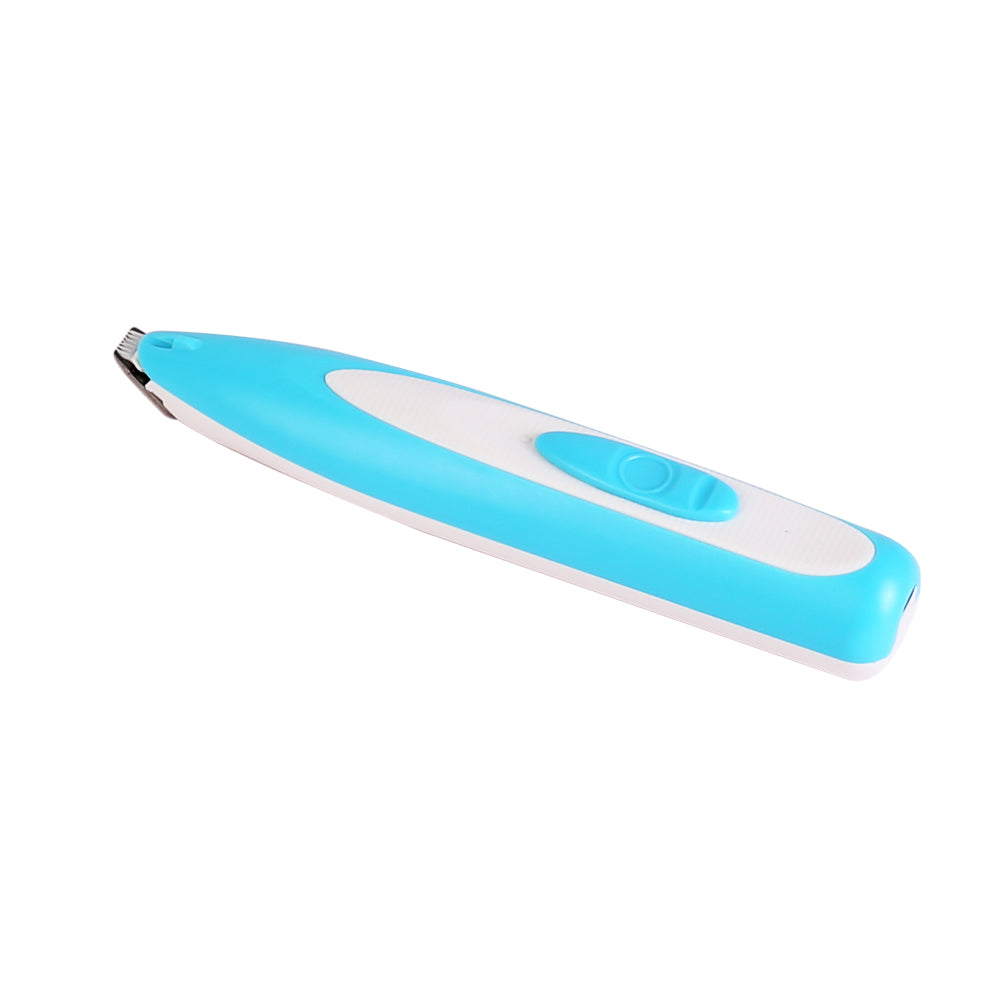 Blue and white electronic pet hair trimmer on a white background