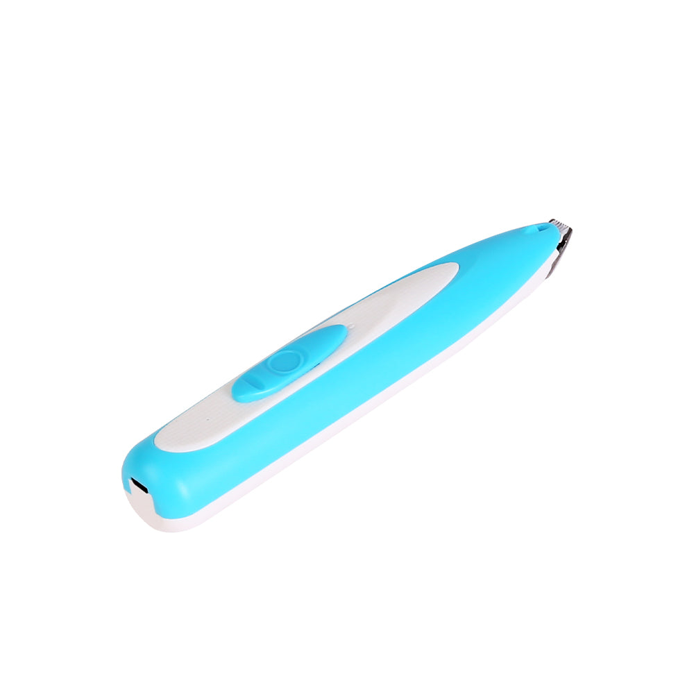 Blue and white electronic pet hair trimmer on a white background