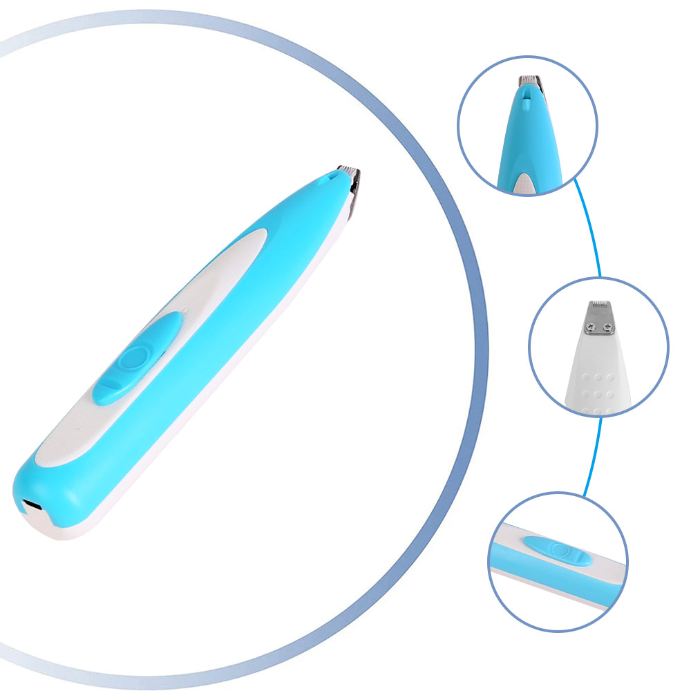 Blue and white electronic pet hair trimmer on a white background