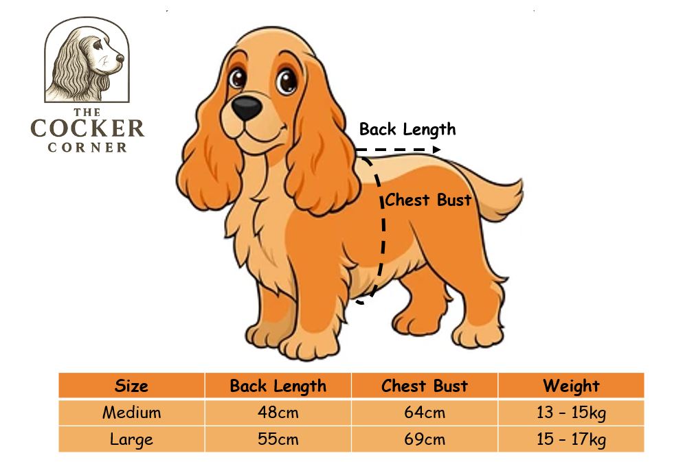 Dog measurement chart with a cartoon dog and size guidelines for back length, chest bust, and weight.