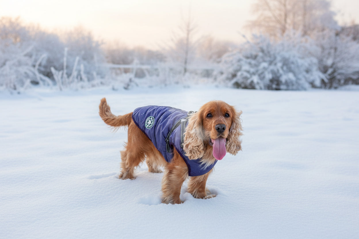 Dog wearing a blue coat standing on snow