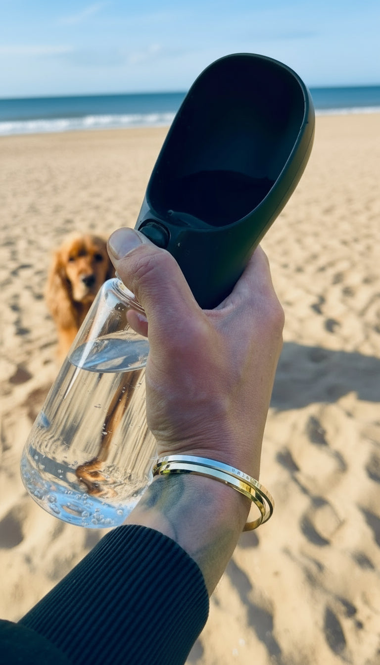 Hand holding a black pet water bottle with a dog in the background on grass