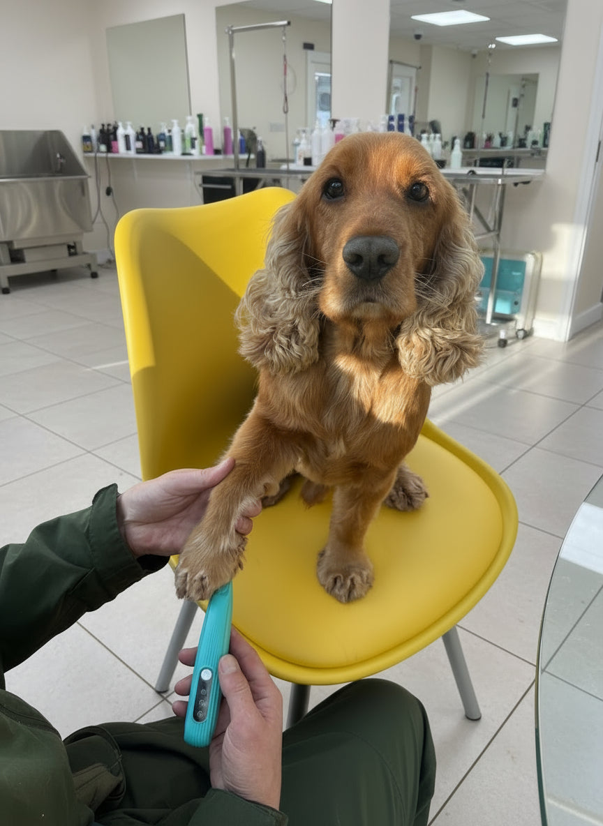 Dog on a yellow chair with a person holding a god hair trimmer