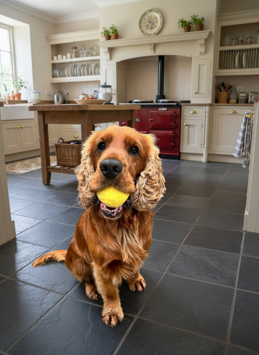 Dog with a yellow ball in its mouth standing on a tiled floor in kitchen