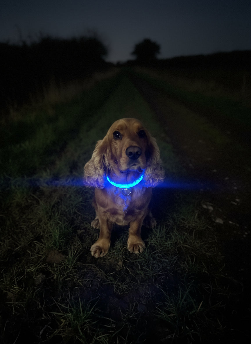 Dog wearing a blue LED collar on a night walk in the countryside
