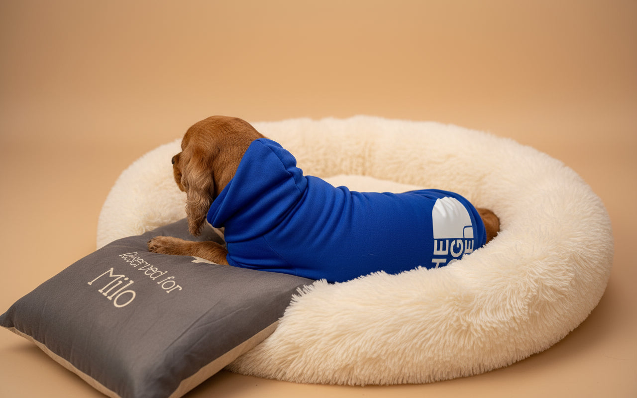 Small dog wearing a blue hoodie on a personalized mat with 'Reserved for Milo' text.