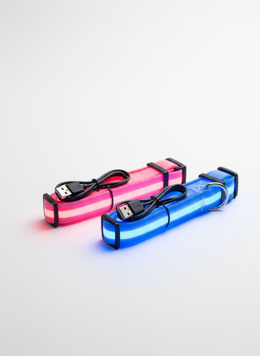 Two LED light sticks, one pink and one blue, on a white background.