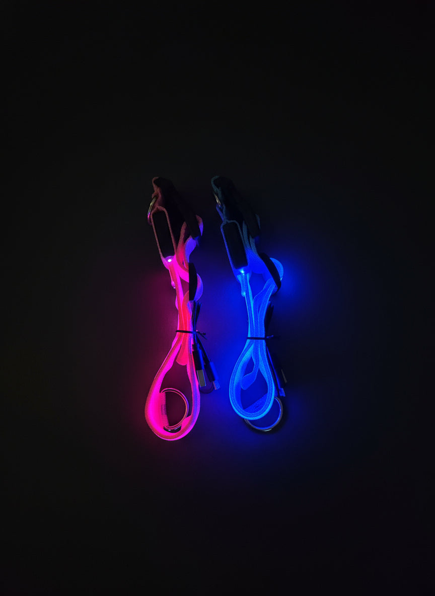 Two glowing lanyards, one pink and one blue, on a black background