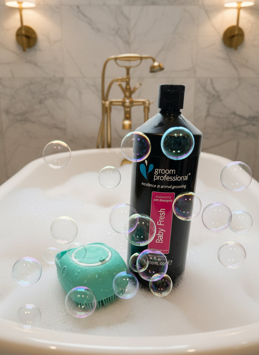 dog massage brush with favourite baby powder dog shampoo