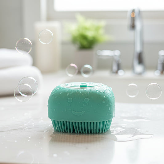 Green scrubber with smiley face on a kitchen counter with bubbles