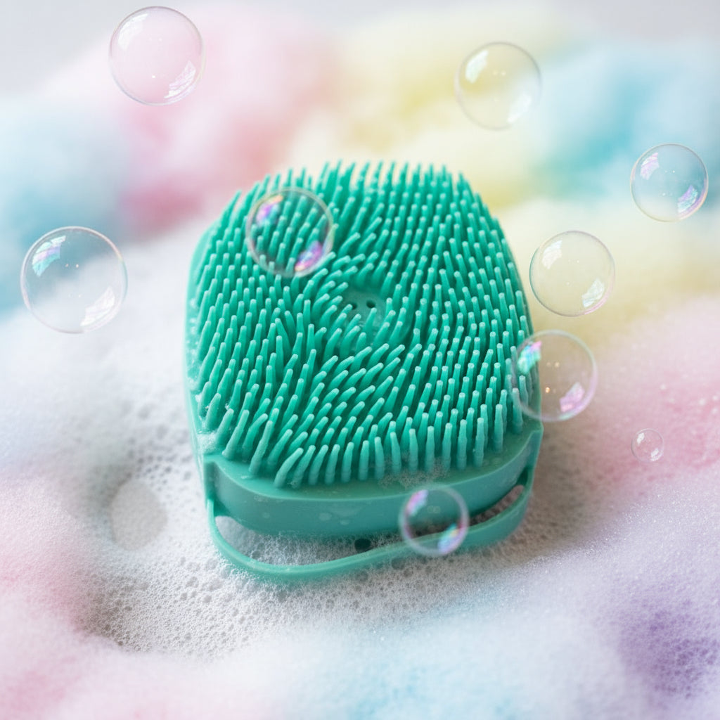 Teal dog massage brush for bathing a relaxing care