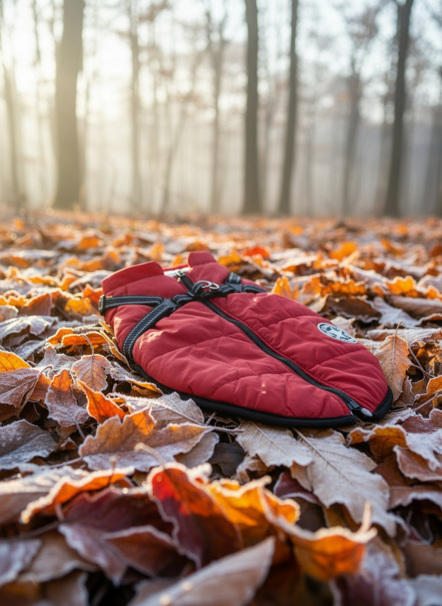 close up of red dog jacket with integrated harness