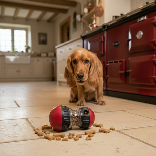 red and black dog slow feeder treat toy
