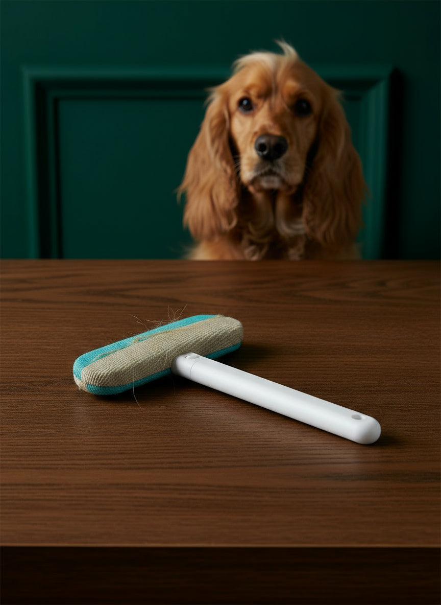 Cleaning tool with a blue sponge head on a carpeted staircase