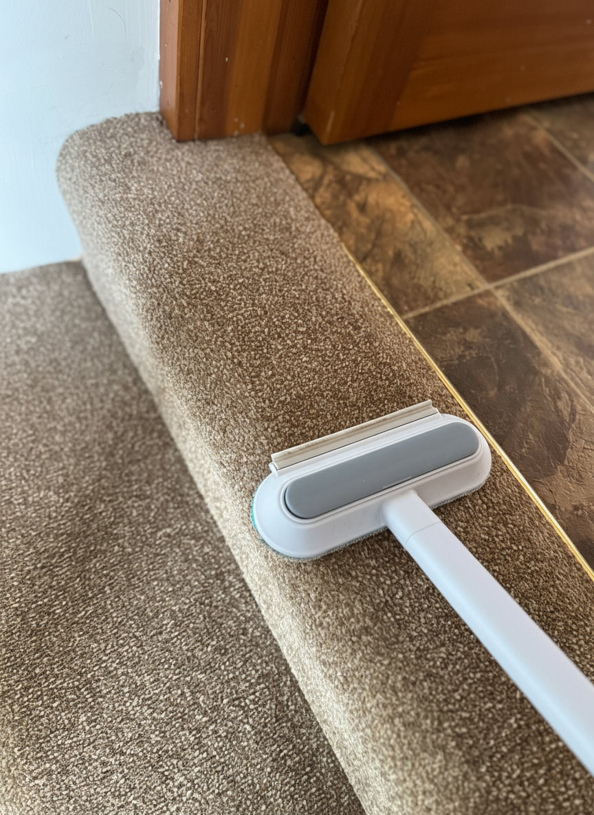 Cleaning tool on a carpeted stair tread