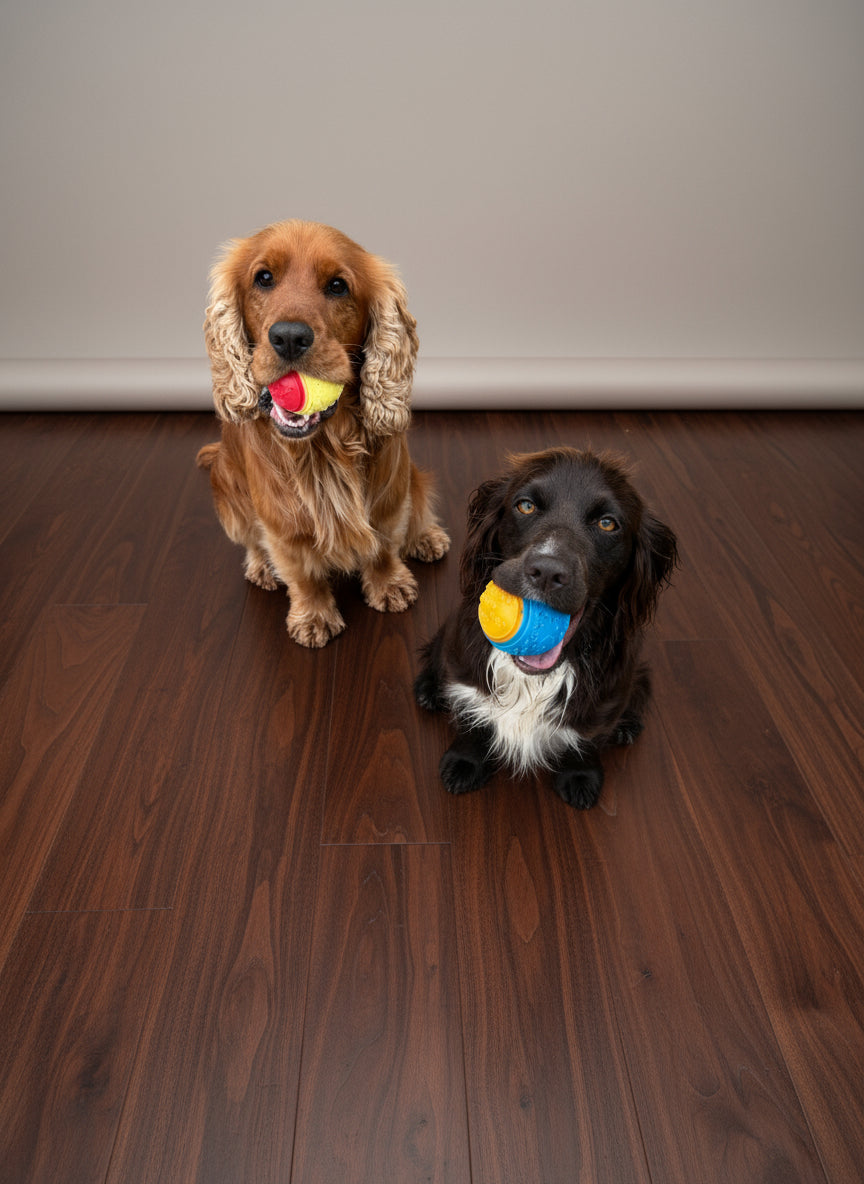 Two dogs with toys in their mouths 