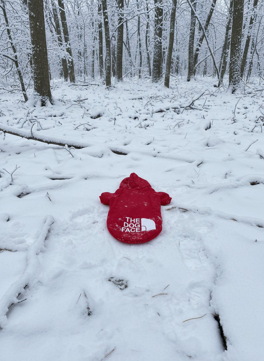 red dog hoodie, dog clothes, lying in a snow covered forest