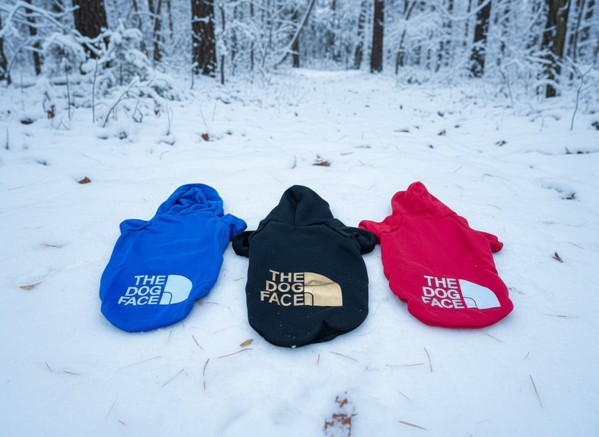 dog clothes, dog hoodies blue, black and red. The Dog Face logo on plain backround