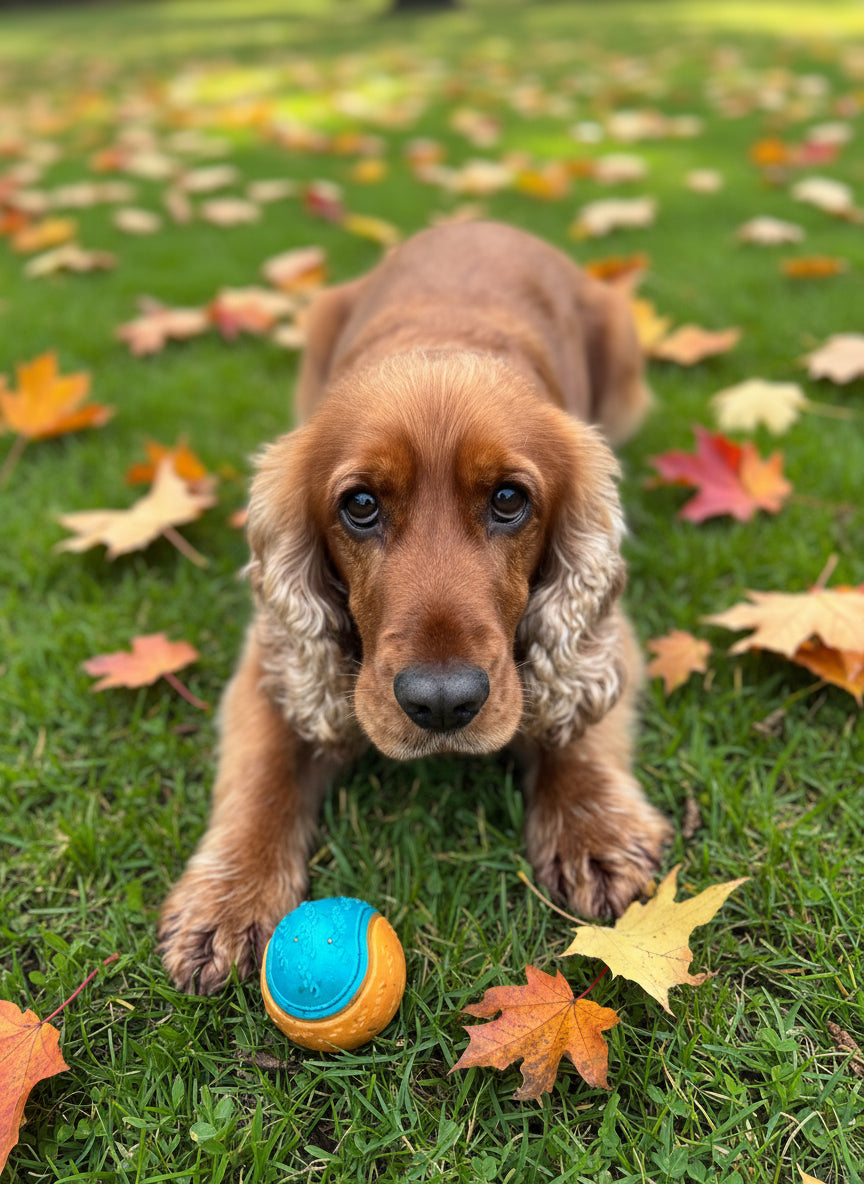 Dog with a ball on a grassy surface