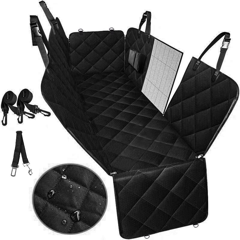 Black car seat cover with straps on a white background