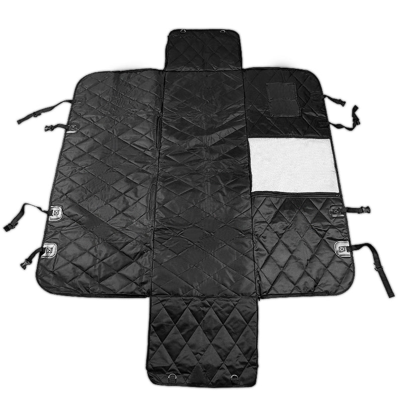 Black quilted car seat cover with multiple straps on a white background
