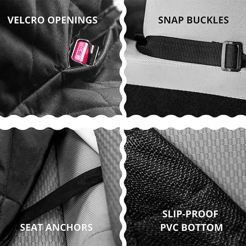 Product features including velcro openings, snap buckles, seat anchors, and slip-proof PVC bottom.