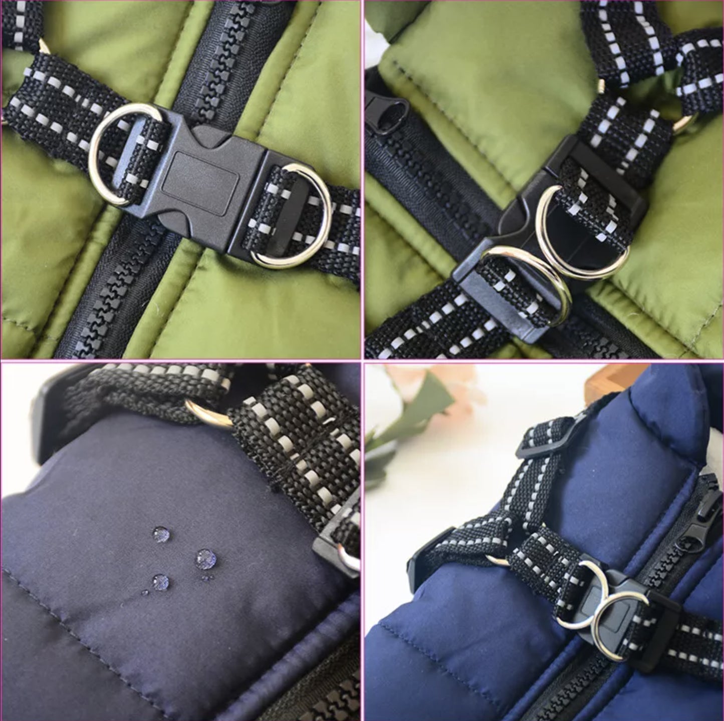 Collage of four images showing different views of a dog harness on a green, black, and blue background.