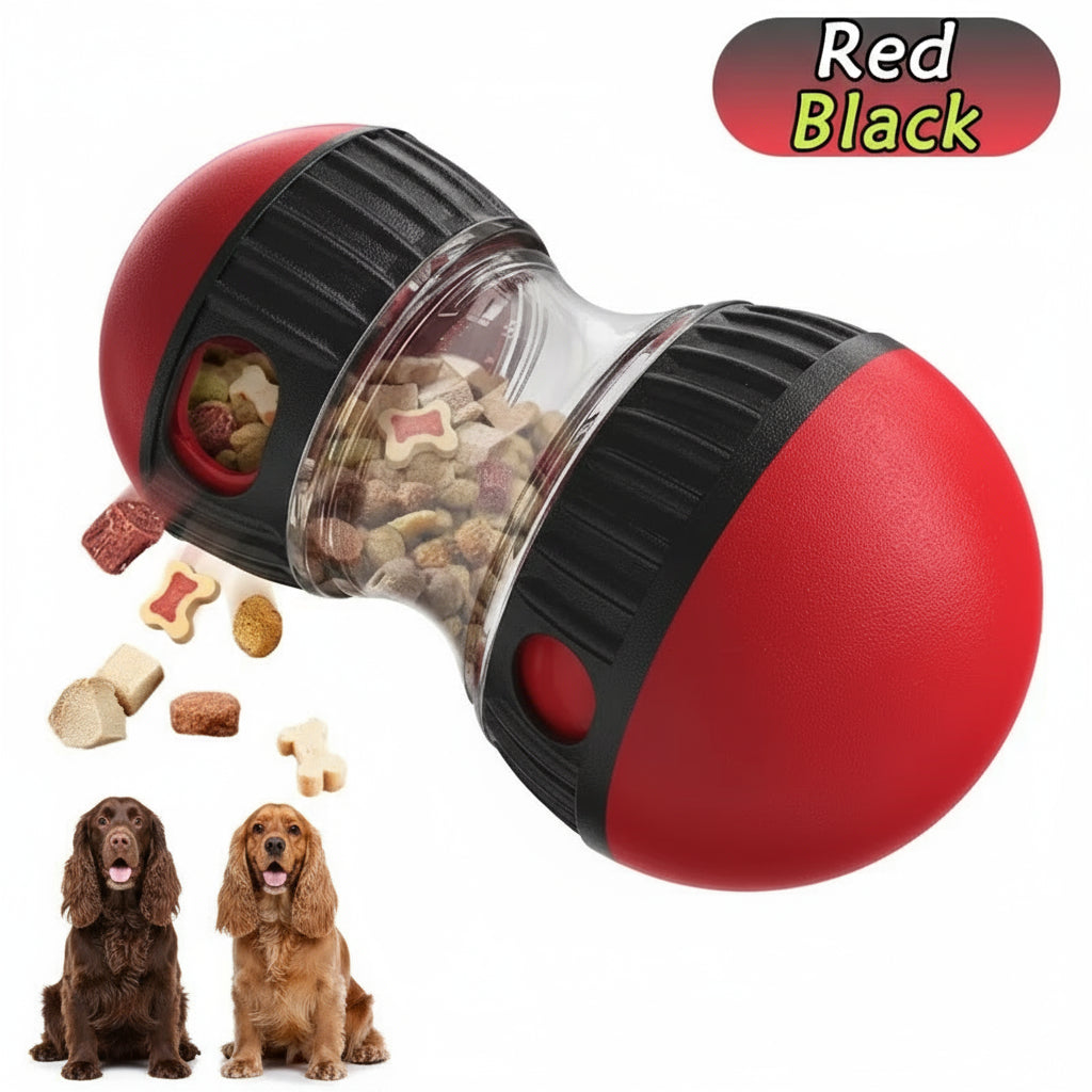 Red and black dog toy with treats inside, accompanied by two dogs on a white background.