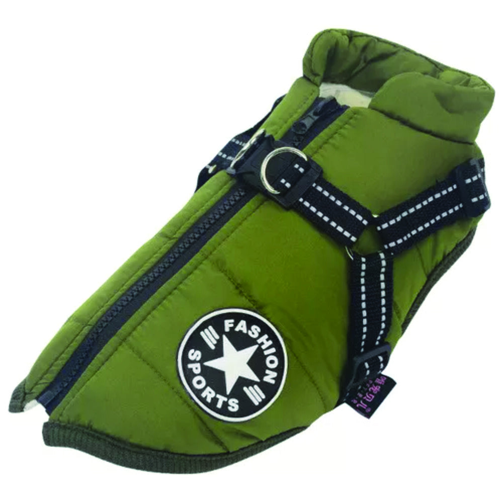 green dog jacket with reflective integrated harness
